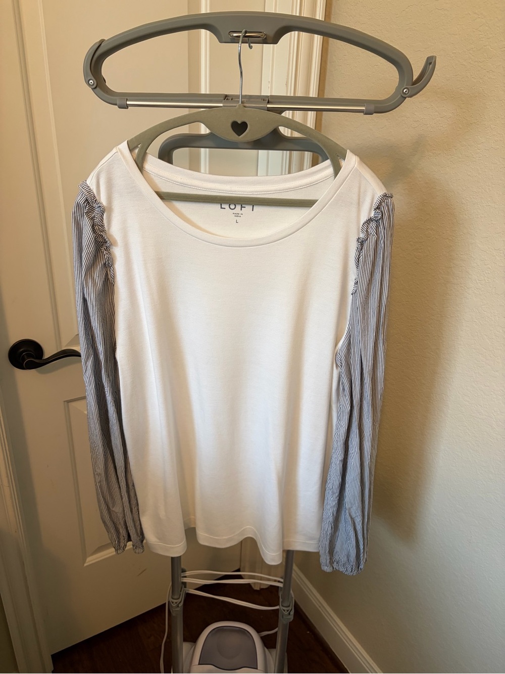 LOFT White Top with Blue-Striped Long Sleeves